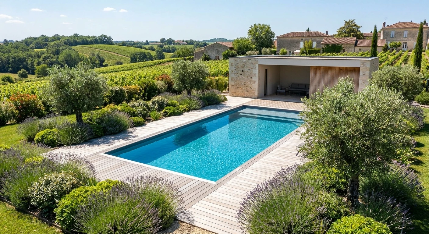 Une piscine résidentielle moderne et élégante, vue d'ensemble en plan légèrement surélevé, avec eau cristalline de couleur bleu azur. La piscine est entourée d'une terrasse en bois clair, d'un aménagement paysager soigné avec verdure, et d'un pool house ou abri contemporain visible en arrière-plan. Un ciel bleu dégagé ou partiellement nuageux complète la scène. L'image doit transmettre une impression de luxe résidentiel, de détente et de professionnalisme dans la création d'espaces aquatiques haut de gamme.