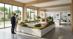 Intérieur moderne et lumineux d'un showroom de piscines. La scène montre une maquette de piscine résidentielle exposée sur un présentoir ou dans un bassin de démonstration, entourée d'aménagements paysagers miniaturisés. L'espace est bien éclairé, épuré et accueillant, avec des matériaux de qualité visible (carrelage, bois, pierre). Un ou deux visiteurs examinent la maquette avec intérêt. L'atmosphère doit être professionnelle, inspirante et transmettre le sentiment de concrétiser un projet de rêve.