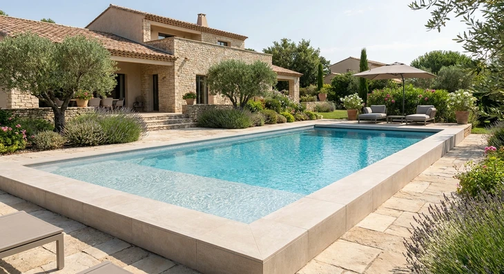 Chantier de construction extérieur avec piscine en cours d'aménagement