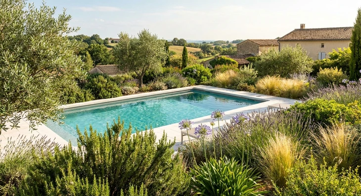 Piscine rectangulaire privée avec eau cristalline dans jardin paysager