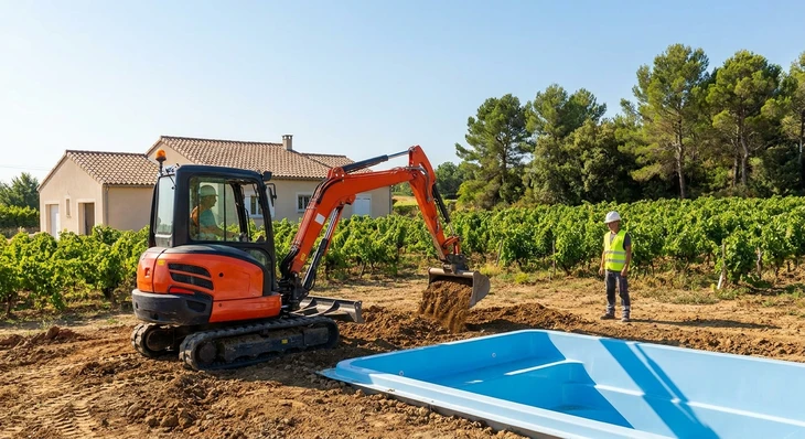 Scène extérieure urbaine avec ouvrier en combinaison haute visibilité orange et bleue effectuant vidange de fosse septique