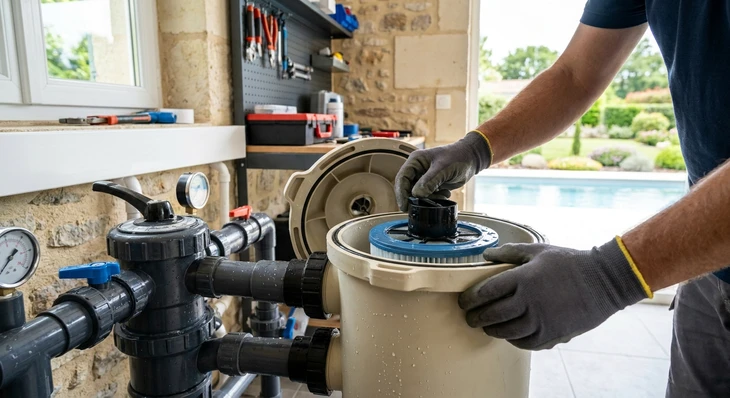 Un homme met le chlorinateur de sel pour l'eau de traitement dans la piscine le matin