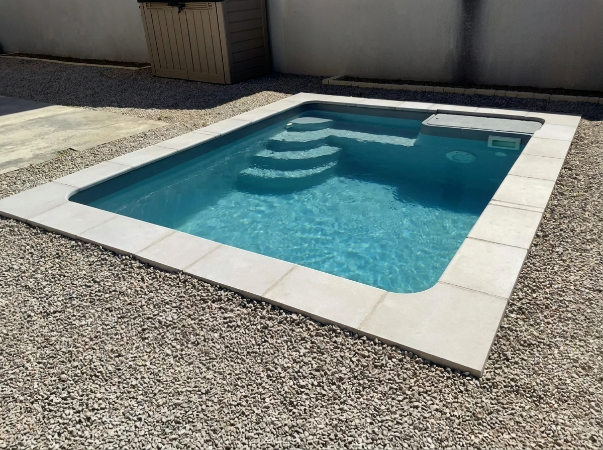 Photographie professionnelle d'une piscine résidentielle avec débordement intégré, vue aérienne ou depuis un point surélevé, montrant l'intégration harmonieuse de la piscine dans son jardin paysagé. La piscine en béton armé présente une eau cristalline d'un bleu profond, une large plage en pierre naturelle, et est entourée de végétation luxuriante (arbres, arbustes taillés, massifs de plantes). On aperçoit un coin détente aménagé avec du mobilier de jardin haut de gamme et peut-être un pergola ou voile d'ombrage. La photographie, prise de jour en conditions ensoleillées optimales, doit mettre en évidence la dimension paysagère et environnementale du projet, illustrant comment Piscines d'Aquitaine transforme et valorise l'espace extérieur résidentiel dans sa globalité.