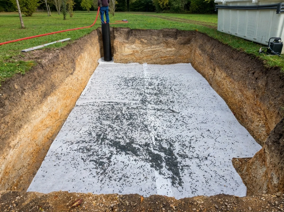 Photographie professionnelle en conditions optimales d'une piscine résidentielle de taille moyenne avec coque polyester, vue depuis un angle légèrement surélevé. La piscine est de forme moderne et épurée, dotée d'une terrasse en bois clair récemment installée. Un enfant et un adulte jouent dans l'eau cristalline et turquoise. Des plantes et arbustes aménagés paysagèrement encadrent la scène. Un ciel bleu dégagé et l'éclairage naturel du jour mettent en valeur l'ensemble de l'installation. L'image doit transmettre le plaisir, la détente et l'accomplissement d'un projet de piscine familiale réussi.
