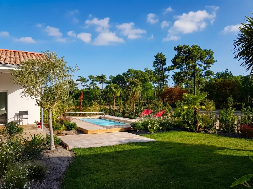Photographie d'une piscine résidentielle haut de gamme de grande taille, vue de jour en conditions optimales. La piscine est en béton armé ou coque polyester, entourée d'une terrasse en bois, avec un aménagement paysager soigné (végétation, plantes décoratives). L'eau est cristalline et bleue, sous un ciel ensoleillé. On distingue éventuellement un pool house ou un coin détente aménagé à proximité. La scène doit montrer le rendu final professionnel et luxueux d'une installation complète clé en main par Piscines d'Aquitaine.