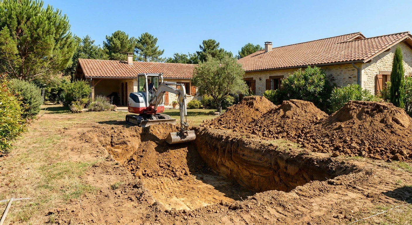 Jardin résidentiel avec piscine hors-sol ronde installée sur pelouse
