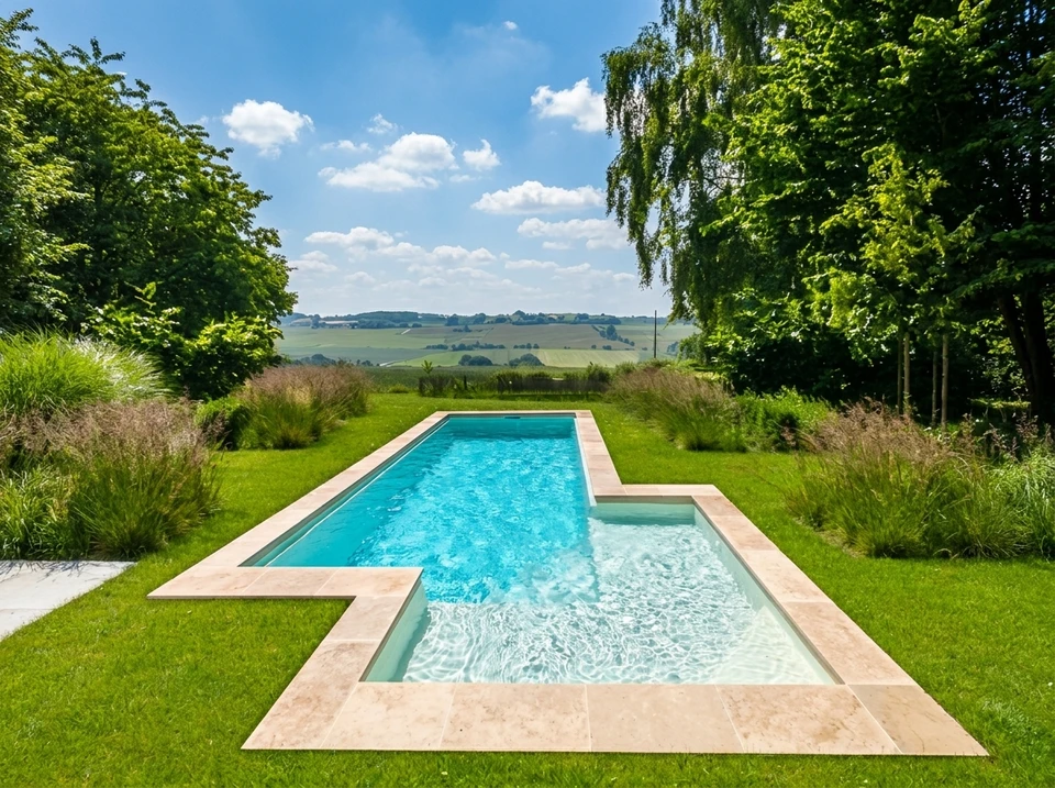 Piscine rectangulaire semi-enterrée à liner beige, intégrée dans une terrasse en bois composite grisé