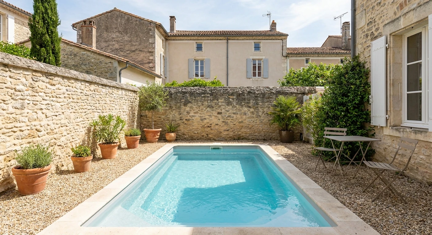 Piscine extérieure résidentielle avec eau turquoise cristalline, échelle d'accès en acier inoxydable à deux montants