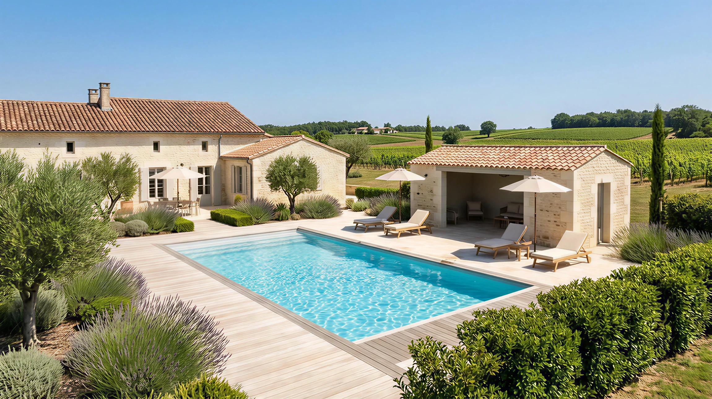 Une piscine résidentielle haut de gamme récemment construite, vue de jour en conditions d'utilisation. La piscine présente une construction moderne et soignée avec eau cristalline, entourée d'une terrasse en bois de qualité, d'un aménagement paysager harmonieux avec végétation. Un pool house ou zone de détente adjacent peut être visible. La mise en scène doit montrer le projet comme un espace de vie familiale attrayant, reflétant le savoir-faire d'un constructeur de piscines premium, sans texte ni logo visible.